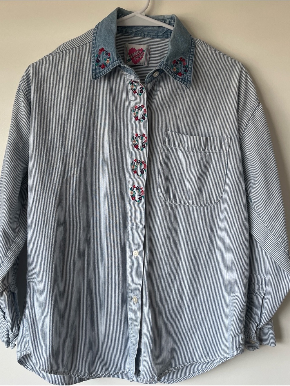 Vintage Light Blue Striped Embroidered Collar Shirt